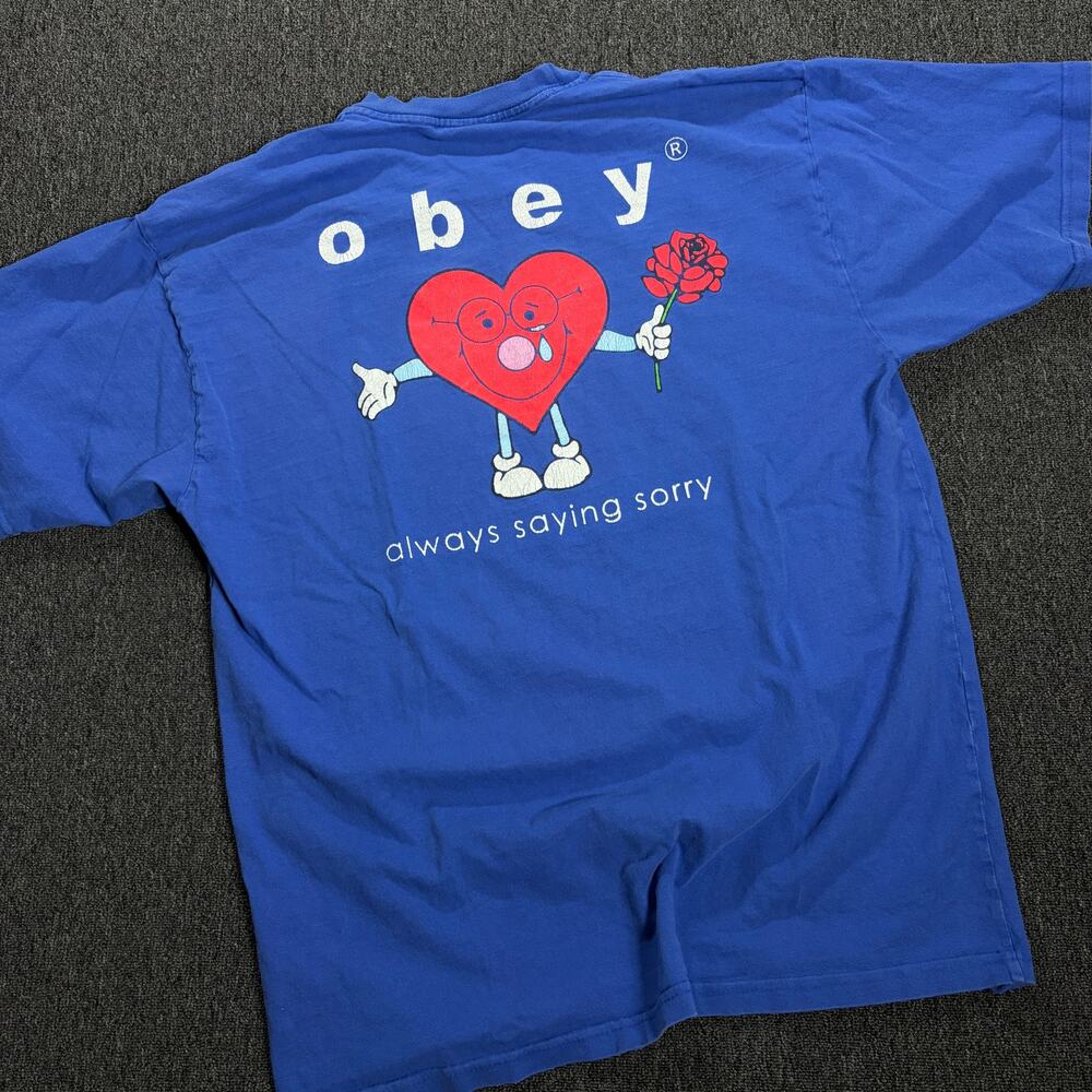 Vintage Y2k Obey Surf Skate Always Saying Sorry Blue Graphic Heart Tee XL